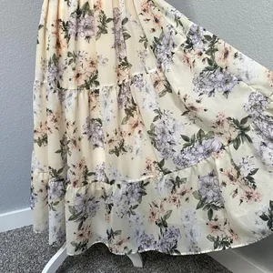 Shein Cream Maxi Dress Purple Green Floral Smocked Waist Ruffle Sleeves thumbnail 3