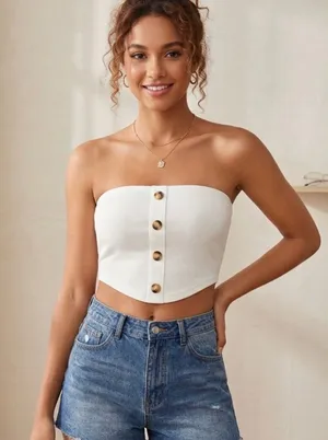 Chic White Ribbed Faux Button Tube Top Size M thumbnail 1