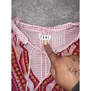 THML Embroidered Tassel Boho Peplum Top Pink Orange Geometric Blouse M thumbnail 3