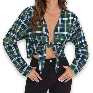 Boutique Green & Blue Plaid Tie Front Crop Long Sleeve Top‎ M thumbnail 1