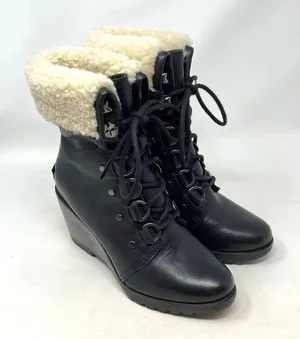 Sorel After Hours Lace Shearling Boot Black‎ Leather Wedge Size US 6 thumbnail 1