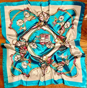 VTG Royal Regal Carriage Print turquoise/PINK oversized square Silky Scarf 35/35 thumbnail 13