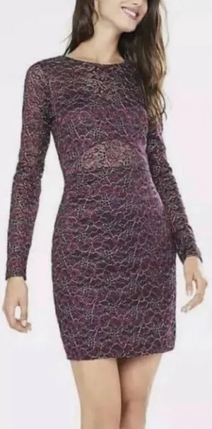 Express Plum Lace Long-Sleeve Open-Back Mini Dress thumbnail 1