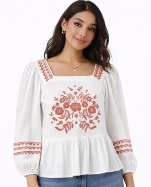 Universal Threads Womens Boho 100% Cotton Embroidered Peasant Top White Size M thumbnail 1