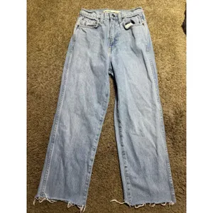 GRLFRND High Waisted Baggy Wide Leg Jeans Light Wash Raw Hem‎ Size 24 thumbnail 2