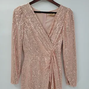 Sublime Sequined Gown S Pink Faux Wrap Long Puff Sleeve Tigh Slit Party Wedding thumbnail 16