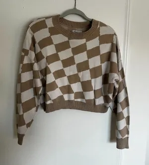 Hollister Brown White Checkered Cropped Sweater thumbnail 1