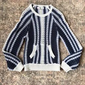 Free People Dayton Beach Navy White Striped Open Knit Crochet Sweater XS thumbnail 4