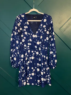 ASOS Navy Blue Jumbo Polka Dot V-Neck Mini Dress thumbnail 2
