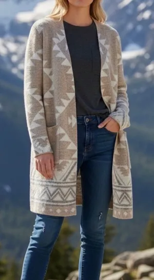 FRYE Cream and White Aztec Open Cardigan thumbnail 1