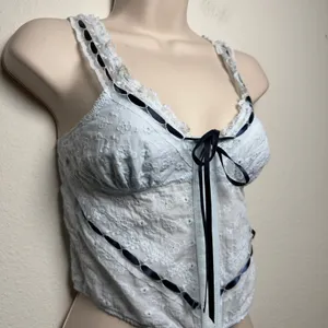 Women Coquette 100% Cotton Top XS Blue Eyelet‎ Lace Ribbon Corset Fairy thumbnail 7
