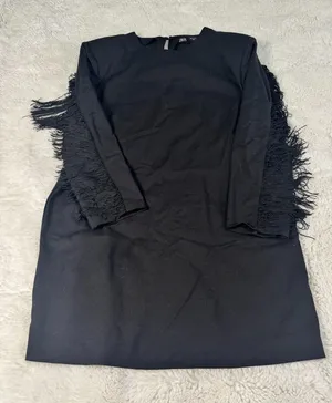 ZARA Black Fringe Statement Mini Dress Long Sleeve XL thumbnail 1