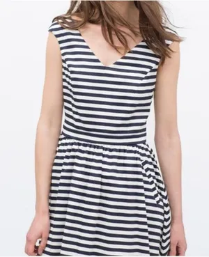 Zara Navy and White Striped V-Neck Mini Dress thumbnail 1