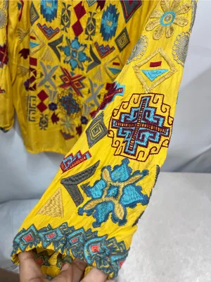 Biya Johnny Was golden Yellow Embroidered Boho long sleeve Top L blouse geometri thumbnail 11