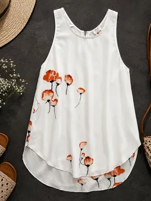 Aritzia Wilfred White Floral High Low Tank Top XXS Poppy Print Blouse thumbnail 1