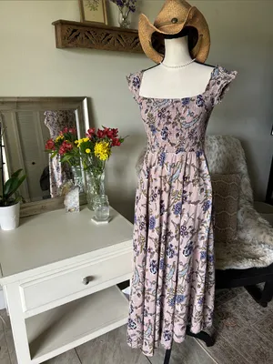 Angie Aawari nude blush, BoHo floral smocked maxi dress small thumbnail 2