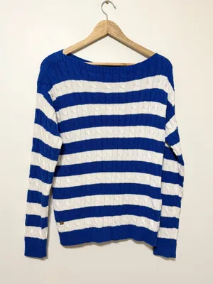 NEW Ralph Lauren Cable Knit Striped Blue Sweater Size Medium Womens NWT Boatneck thumbnail 2