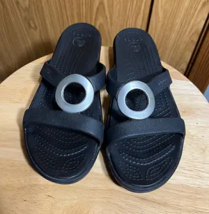 CROCS Black Slide Sandals with Large Silver Ring thumbnail 1