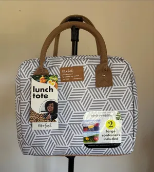Fit + Fresh Gray Geometric Tote Lunch Bag with Brown Handles thumbnail 1
