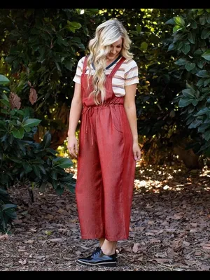 Lularoe Chambray Juliet Rust Red Drawstring Utility Jumpsuit Medium thumbnail 3