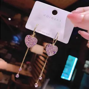 Purple Crystal Love Heart Long Tassel Dangle Drop Earrings for Women thumbnail 4