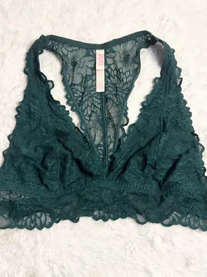 VS PINK Dark Green Lace Racerback Bralette Wireless Comfort Bra Size Large thumbnail 10