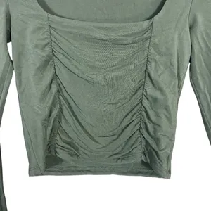 Wilfred Aritzia Ruched Front Solid Crop Top Green Minimalist Long Sleeve Size S thumbnail 3