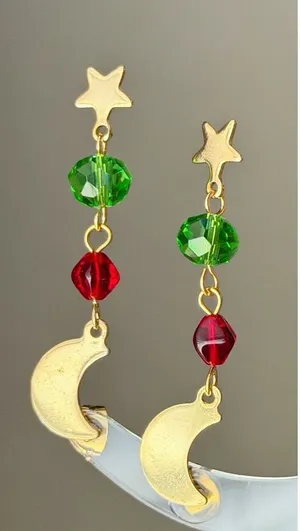 Handmade quality Czech glass beads celestial dangle earrings🌙🌿❤️ thumbnail 2