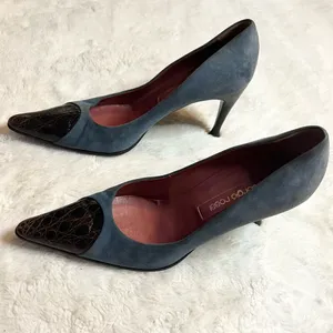 Sergio Rossi Pointed Toe Heals Blue Suede & Embossed Brown Leather Size 37 US 7 thumbnail 6