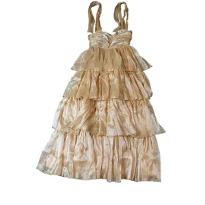 NWT Lulus Small Gold Radiant Arrival‎ Shiny Gold Organza Tiered Tie-Strap Maxi thumbnail 3