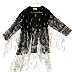 Abercrombie Boho Fringe Kimono Size XS Black Hippie Festival Coachella Western thumbnail 16