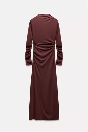 Zara Elegant Burgundy brown wine Maxi Dress stretchy long Sleeve Casual bodycon thumbnail 13