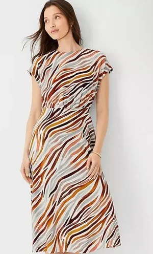 Ann Taylor Linen Blend‎ Midi Zebra Stripe Mock Neck Flare Dress Size 0 thumbnail 1
