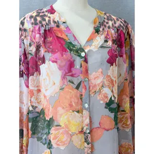 Figueroa & Flower Blouse Gray Floral Leopard Metallic Sheer XL thumbnail 2