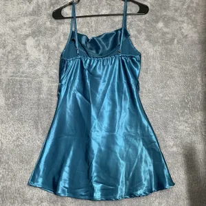 Cider Satin Cowl Neck Mini Dress‎ Womens XS Teal Blue Spaghetti Strap Tie Waist thumbnail 4