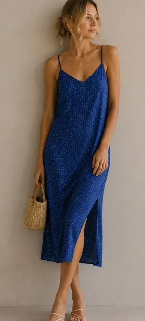 Lulus Blue Polka Dot Spaghetti Strap Casual Slip Dress Womens S Midi Coquette thumbnail 1