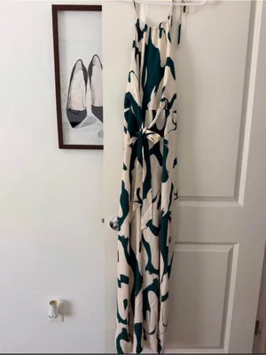 SheIn Cream & Teal Abstract Print Sleeveless Tie-Waist Maxi Palazo thumbnail 2