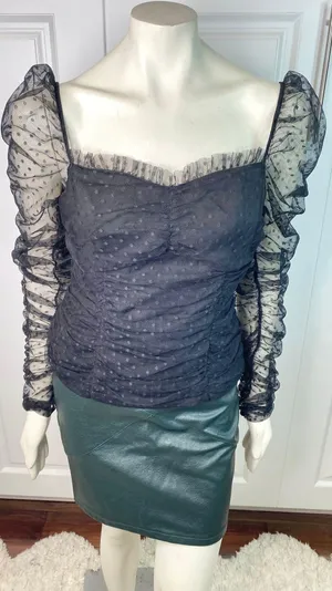 VICI Benefit Polka Dot Ruched Gathered Sleeve Mesh Tulle Top by Free the Roses thumbnail 4