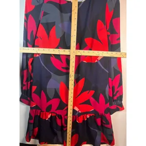 Womens Floral Drop Waist Ruffle Hem Mini Dress Navy‎ Red Pink Long Sleeve Shift thumbnail 3
