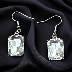 Silver tone rectangular clear faceted stone dangle earrings thumbnail 1