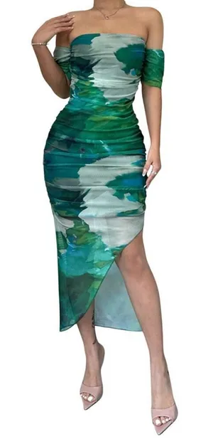 SheIn Shibori Print Off-Shoulder Bodycon Dress in Green, Size M​​​ thumbnail 1