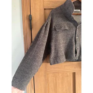 Double Zero Cropped Button Up Long Sleeve Shacket Sweater Heathered Brown Large thumbnail 2