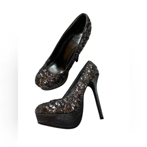 New in Box Shimmer Diva SM New York Women's Sequin Black & Silver Stiletto Pumps thumbnail 3