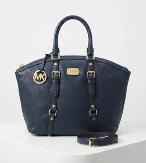 Michael Kors Womens Satchel Medium Navy Leather Bedford Gold Buckle Crossbody thumbnail 1