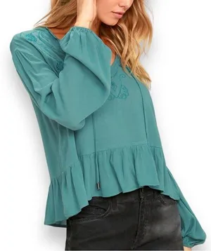 Lulu’s Island in the Sun Turquoise Blue Long Sleeve Embroidered Top Large thumbnail 1