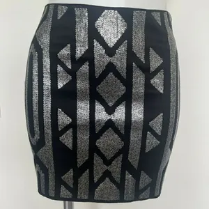 NEW Sequin Mini Skirt SMALL Black Silver concerts Aztec Tribal Print Y2K stretch thumbnail 6