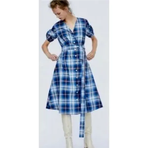 ZARA‎ Blue Plaid Taffeta Dress Belted Tie Waist Midi Buttondown Preppy Small thumbnail 4