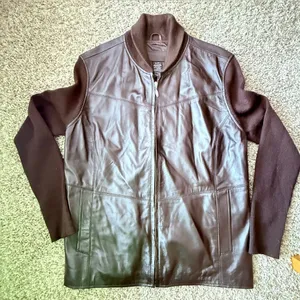 Vtg Y2K Jaclyn Smith 100%Leather Biker Jacket Coat Sz XL Classic Black Knit Slee thumbnail 1