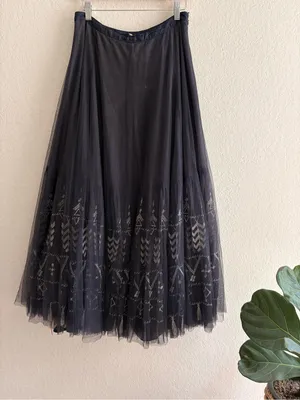 Floreat Anthropologie Women's Navy Tulle Embroidered Maxi Skirt Size 4 Fairy thumbnail 4