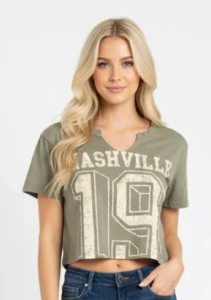 VINTAGE THREADZ olive green Nashville 19 graphic crop top tshirt size large thumbnail 1